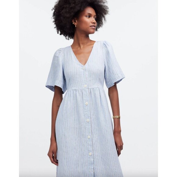 Madewell Cassie Button Front Midi Dress Linen S Coastal Boho Minimalist Blue - Picture 1 of 14